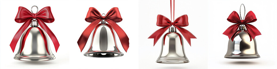 shiny silver bell tied with red bow