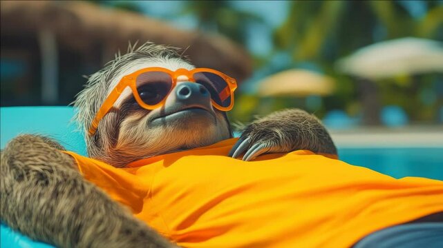 Cartoon sloth enjoying a day at the beach in sunglasses.