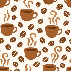 Obraz premium Seamless Coffee Pattern: Steaming Cups and Roasted Beans on a Cream Background.