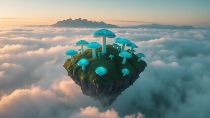 Floating Island with Luminous Mushrooms above Clouds at Gentle Sunset