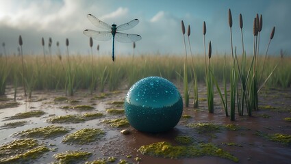 Dragonfly Flying Near Water Sphere in Natural Wetland Environment