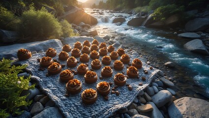 Arrangement of Small Brown Cakes by Flowing River at Sunrise