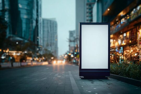 Blank city format Billboard (LightPoster, CityLight) banner pylon in in the city center mock-up at night. Blurred background, copy space
