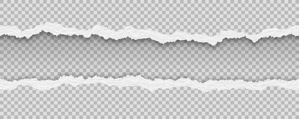 Realistic horizontal seamless torn edge of paper with a soft shadow. Destroyed paper white strips. Vector illustration.