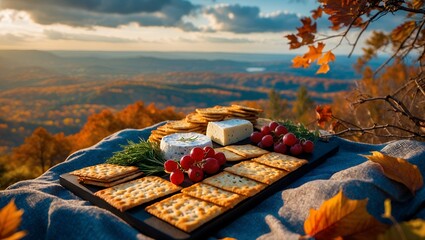 Autumn Picnic with Cheese Grapes and Crackers Overlooking Mountain Landscape