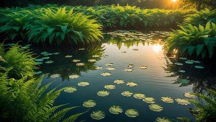Serene Pond Reflecting Sunlight Through Lush Ferns and Lily Pads