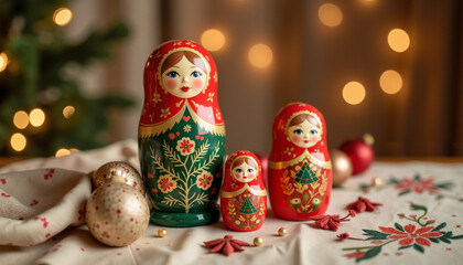 Traditional Russian Matryoshka dolls on festive table with decorations  
