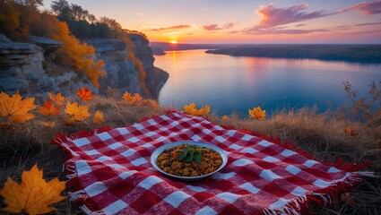 Scenic Outdoor Meal on Picnic Blanket Overlooking River at Sunset