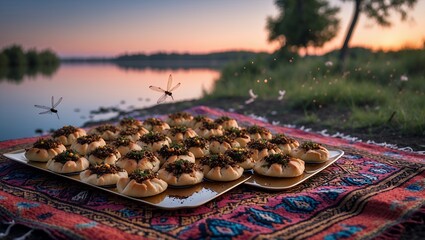 Serving Appetizers on Rug by Lake at Dusk for Picnic Event