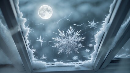 Snowflake Crystal on Window with Moon at Night Winter Scene