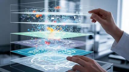 A person in a lab coat interacts with a holographic display of molecular structures - Powered by Adobe