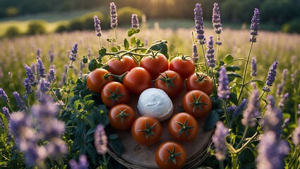 Arrangement of Ripe Tomatoes and Mozzarella in Lavender Field Setting