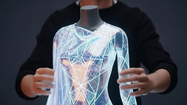 A person in a black shirt adjusts a shimmering translucent garment with a geometric pattern on a mannequin