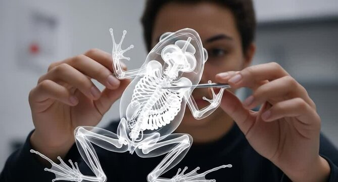 A person holds a transparent frog skeleton with tweezers