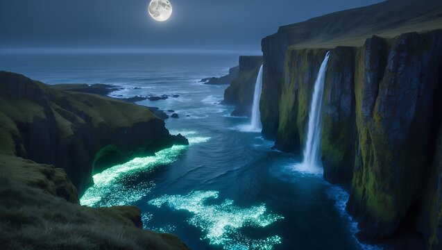 Coastal Cliffs with Waterfalls Under Moonlight Creating a Mystical Landscape