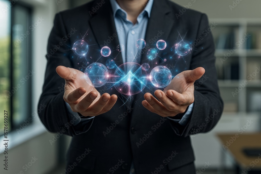 Poster businessman presents futuristic glowing spheres with connected networking and data structures in a m