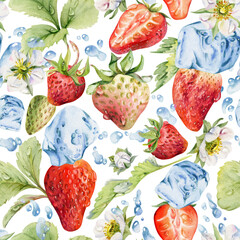Strawberry leaves, dew drops, ice cubes, water splash. Ripe summer garden forest berry strasberry hand drawn in watercolor. Isolated seamless pattern tile. Home preserves, stationery, menu recipe book