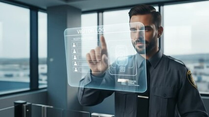 A security guard interacts with a holographic visitor log