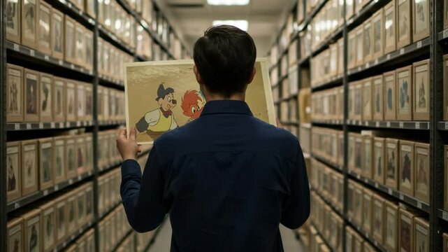 Man holding a vintage animation cel in a vast archive. Archivist examining classic cartoon artwork in a storage library.