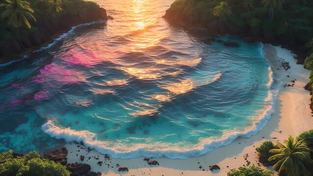 Aerial View of Tropical Beach Cove at Sunset with Vivid Water - Powered by Adobe