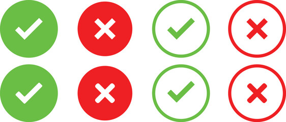 Checkmark and cross icon vector set collection. tick, Check and x mark sign symbol icon sheet.