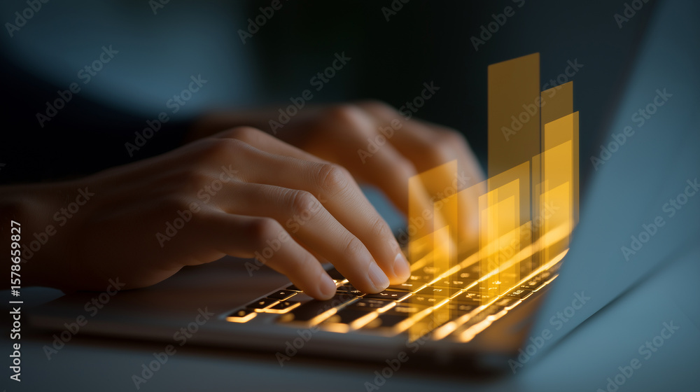 Poster close-up of hands typing on laptop with folder ui