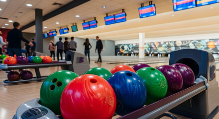 Bright bowling alley with colorful balls on return rack and lively players in background.
