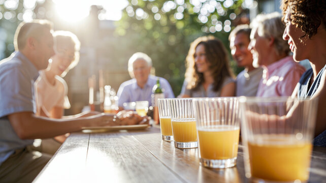 Group of friends enjoying drinks and snacks at outdoor table