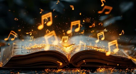 An open book with musical notes and golden sparks floating above - Powered by Adobe