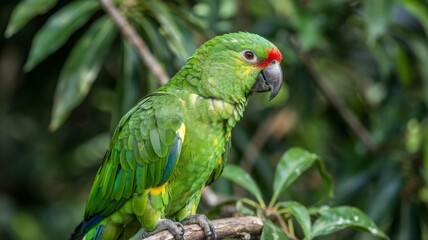 Vibrant green parrot with red forehead marking perched on a branch