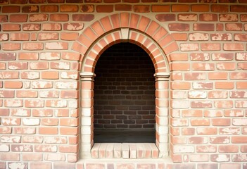 Fototapeta premium Rustic brick wall with arched window door, weathered texture, pattern, texture