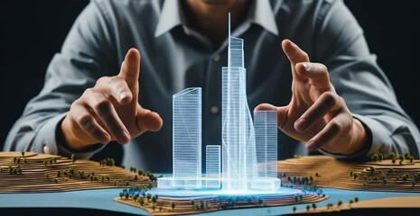 Architect interacting with a holographic building model - Powered by Adobe