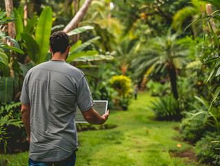 A man tending to a vibrant garden, walking along a narrow path surrounded by lush foliage and tropical plants, enjoying the rewards of nurturing nature.