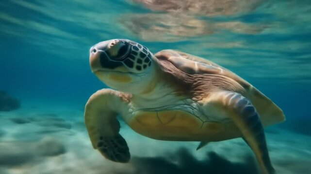 Closeup of a sea turtle swimming underwater in clear blue water near the surface