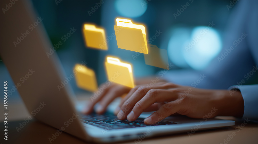 Poster close-up of hands typing on laptop with file icons and document previews