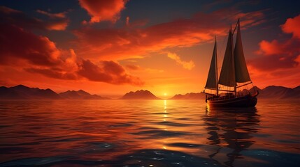 Fototapeta premium A stunning sailboat glides gracefully across serene waters during a vivid sunset, radiating peace and adventure under a colorful sky.