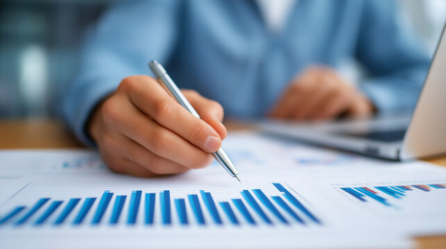 Hand holding pen over calculator in modern office setup
