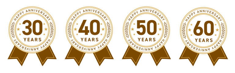 30周年・40周年・50周年・60周年のフラットなアニバーサリーメダルロゴセット（周年記念 ロゴマーク ベクター）