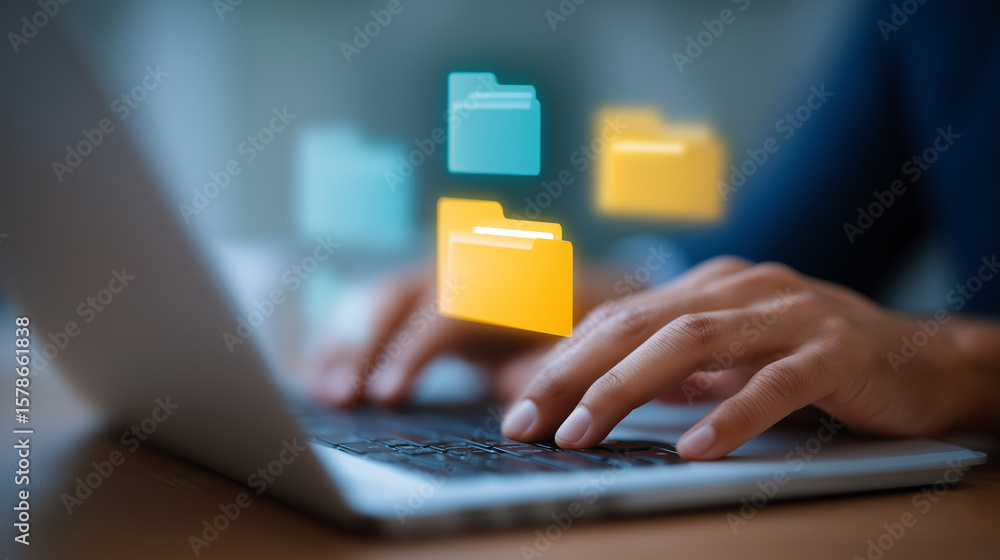 Poster hands typing on laptop with floating file icons and document previews