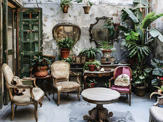 A rustic garden patio with antique furniture and tropical plants, surrounded by natural beauty and soft light, offering a serene and charming outdoor escape.
