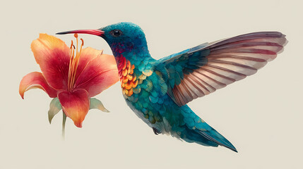 Obraz premium Garden Jewel – Watercolor Hummingbird in Teal, Red, and Orange on a Bloom