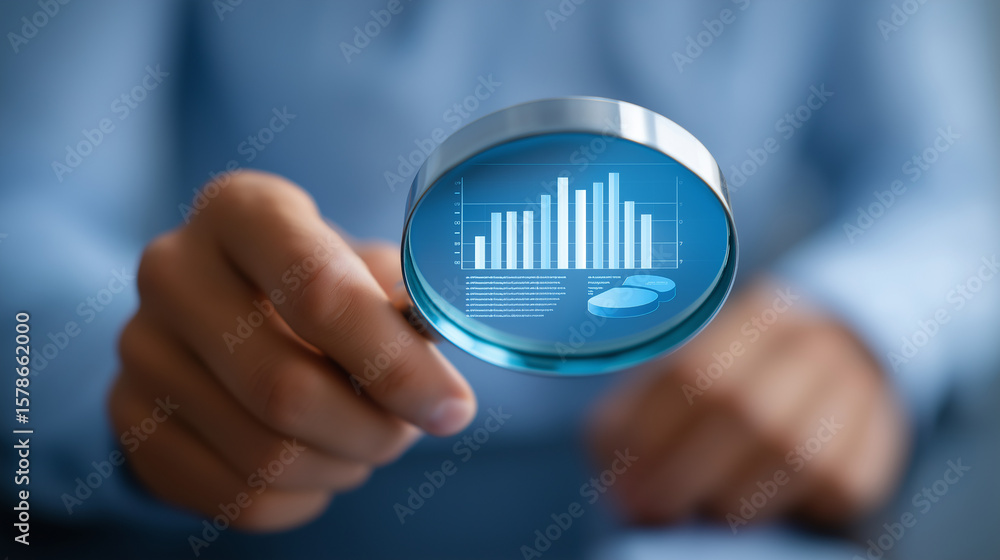 Poster analyzing data with a magnifying glass on digital dashboard