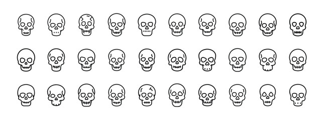 Skull icon set. Vector pictograms of human skulls, spooky bone heads, skeleton faces, Halloween skulls, thin linear illustration.
