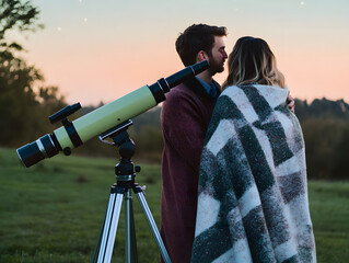 A couple wrapped in blankets, observing the stars through a telescope on a chilly evening in an open field, creating a romantic and tranquil stargazing moment.