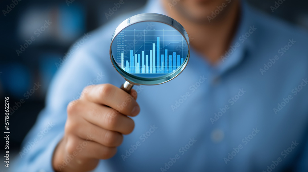 Poster analyzing data with a magnifying glass on a digital dashboard