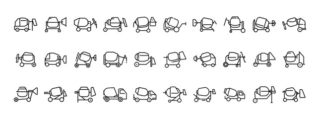 Cement mixer truck line icon set. Vector pictograms of concrete mixer, mobile mixer, construction truck, industrial vehicle, heavy duty transport, thin linear illustration.