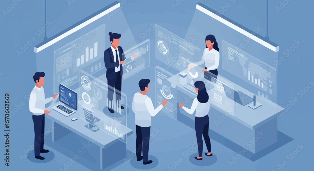 Aufkleber a group of people interact with holographic screens in a modern office setting, analyzing data and c