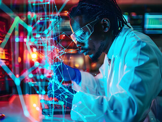 A scientist analyzing molecular structures on a holographic display in a cutting-edge lab, representing breakthroughs in medical and technological research.
