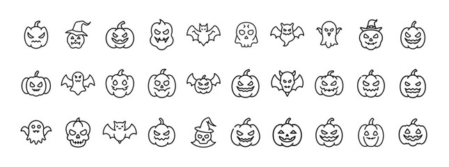 Halloween icon set. Vector pictograms of pumpkin, ghost, bat, witch hat, spooky face, jack-o’-lantern, vampire, skull, haunted character, thin linear illustration.