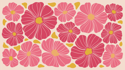 Aesthetic floral pattern with pink and red flowers and yellow accents on a light beige background